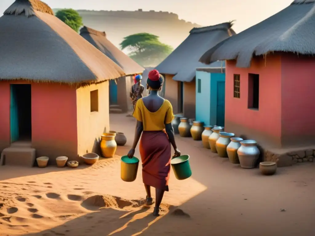 Viviendas y asentamientos africanos antiguos: Una aldea africana con arquitectura de barro detallada, tejados de paja y vida comunitaria al atardecer