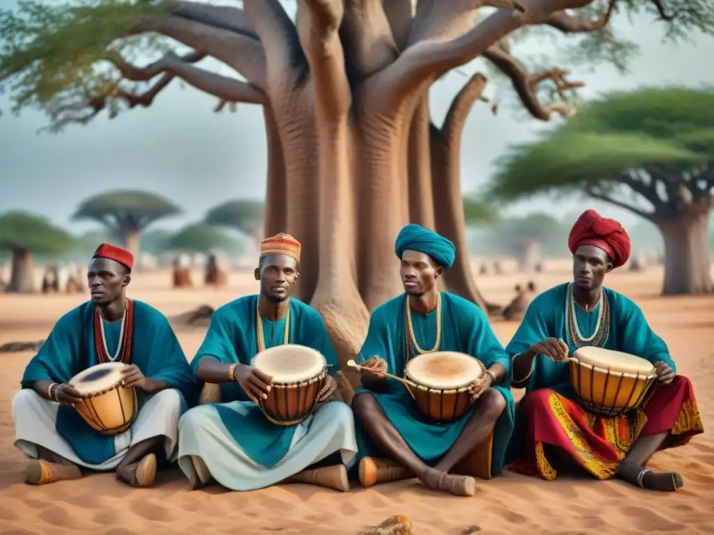 Griots Wolof tocando instrumentos tradicionales bajo un baobab en Senegal, con textiles coloridos